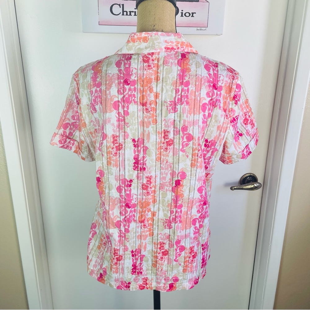 JM Collection Pink Multicolor Blouse Woman Top Shirt Hawaiian Button Up Size 10 - Picture 3 of 9